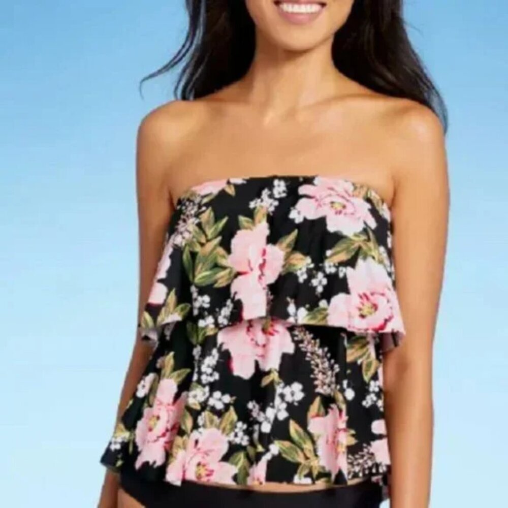 Kona Sol Floral Bandeau Tankini Top Black Pink S, FINAL PRICE